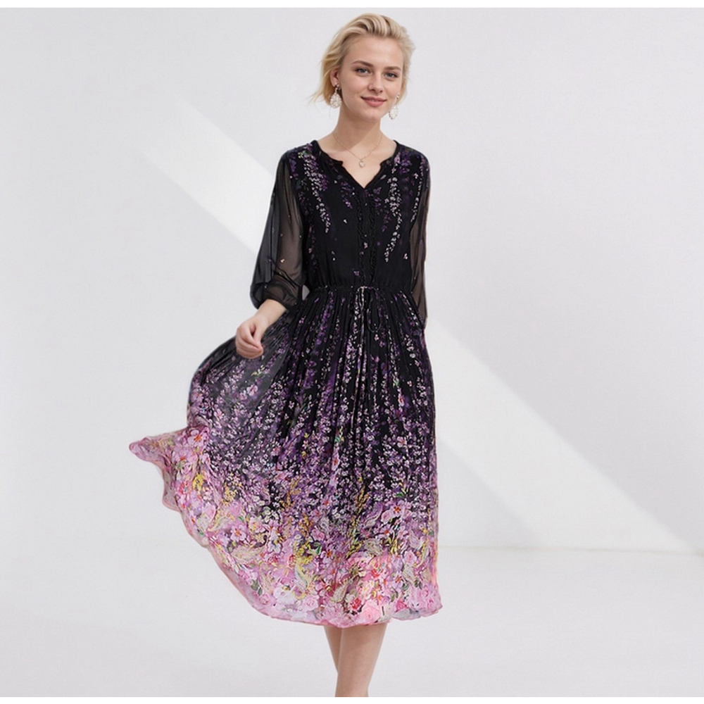 100% Silk Chiffon Dress Floral For Honeymoon Beach Size L-XL REAL SILK